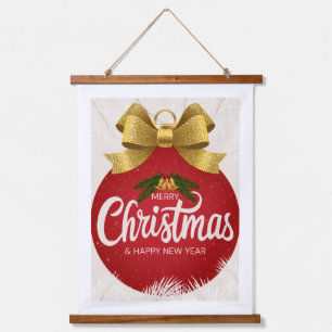 Merry Christmas Red Ornament with Gold Hanging Tapestry