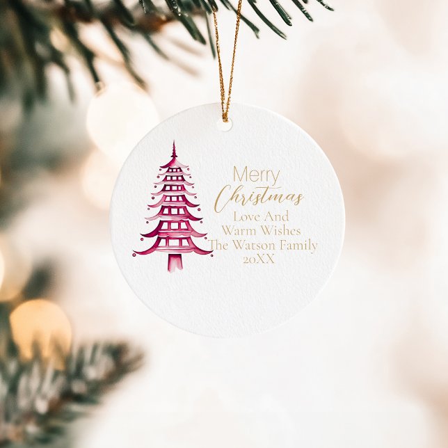 Merry Christmas Red Pagoda Christmas Tree 1-Photo Ceramic Ornament (Merry Christmas Red Pagoda Christmas Tree 1-Photo Ceramic Ornament)