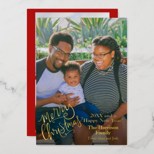 Merry Christmas Red Personalized Photo Gold Foil Holiday Card