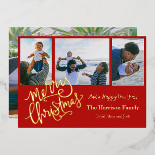 Merry Christmas Red Personalized Photo Gold Foil Holiday Card