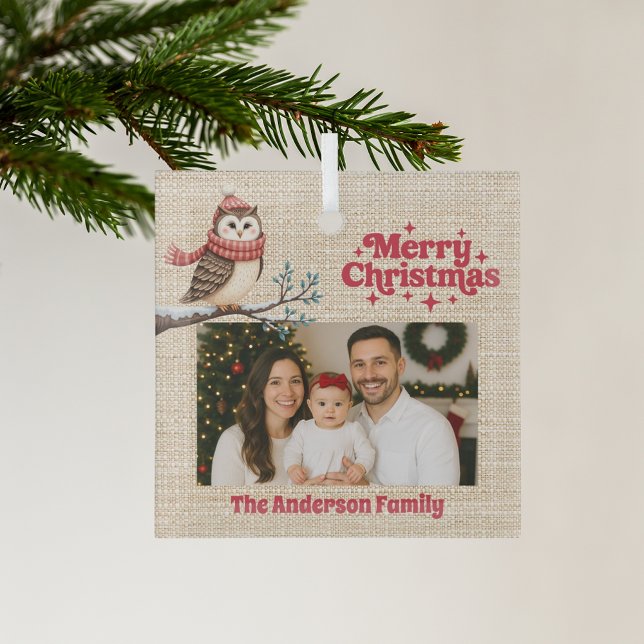 Merry Christmas red photo beige burlap owl Glass Ornament (Creator Uploaded)
