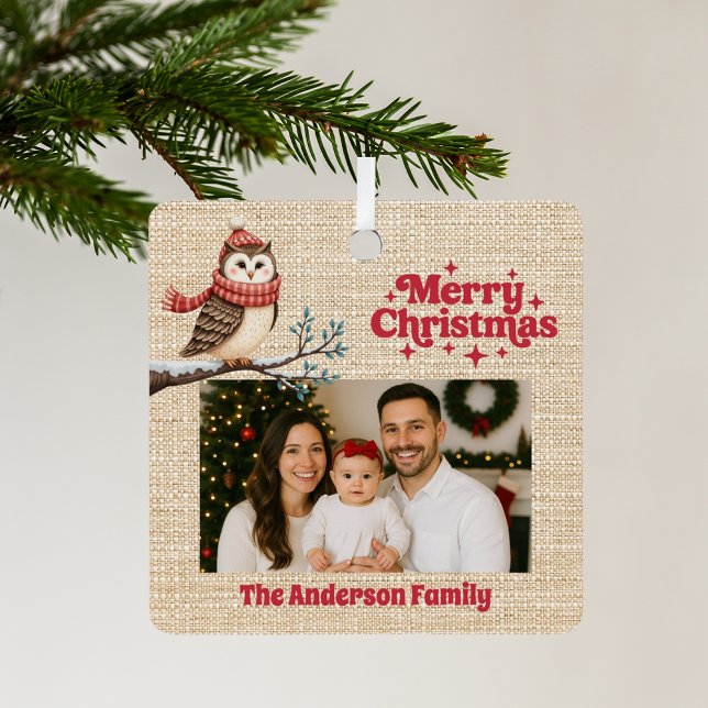 Merry Christmas red photo beige burlap owl Metal Ornament (Creator Uploaded)