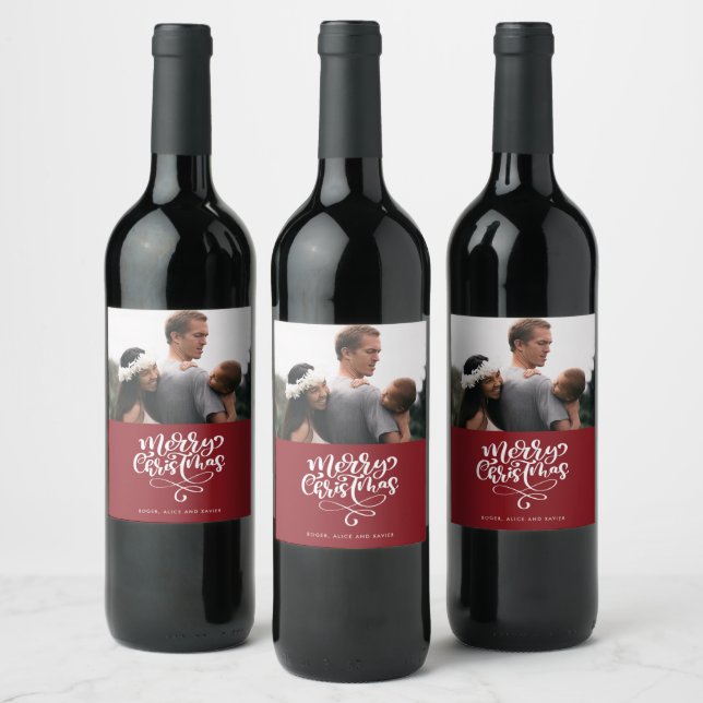 Merry Christmas Red Photo Christmas Wine Label (Bottles)