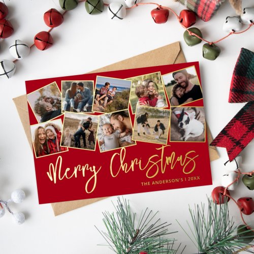 Merry Christmas Red Photo Collage Foil Holiday Card