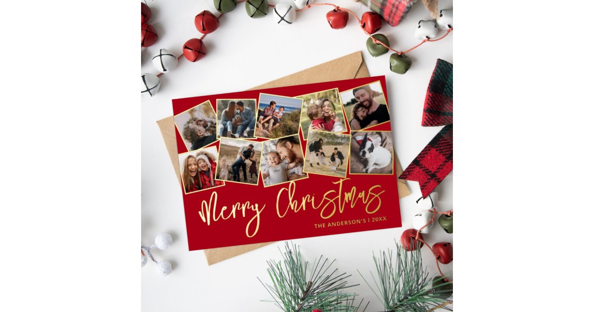 Merry Christmas Red Photo Collage Foil Holiday Card | Zazzle