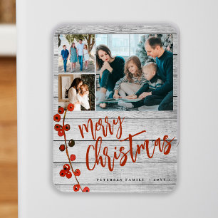Merry Christmas red photo collage rustic Magnet