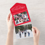 Merry Christmas red photo collage unique holiday All In One Invitation<br><div class="desc">Send one of a kind Christmas greetings with this unique holiday photo card. Featuring an elegant type treatment saying "Merry Christmas" along with a collage of seven photos, this design also features a detachable section with a single photo. Include a family update on the back. Best of all, this can...</div>