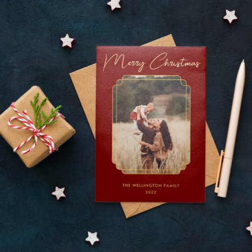 Merry Christmas Red Photo Gold Frame Snowflake  Foil Holiday Card