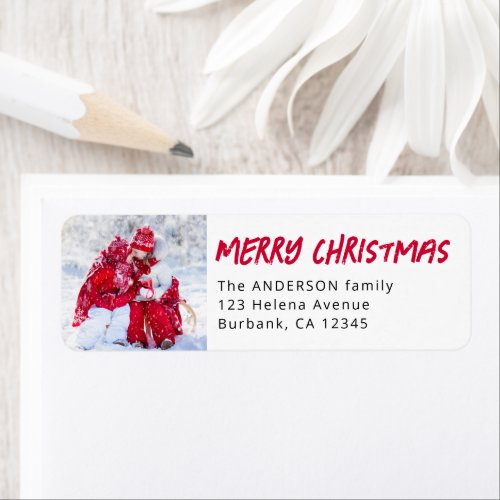 Merry Christmas Red Photo Return Address Label