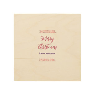 merry christmas red pink glitter lines name retro wood wall art