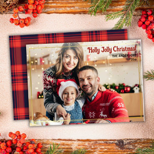 Merry Christmas red plaid 1 photo gold frame Holiday Card
