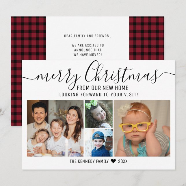 Merry Christmas Red Plaid 4 Photo Holiday Moving  Announcement (Front/Back)