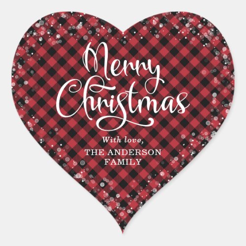 Merry Christmas Red Plaid Calligraphy Snow Heart Sticker