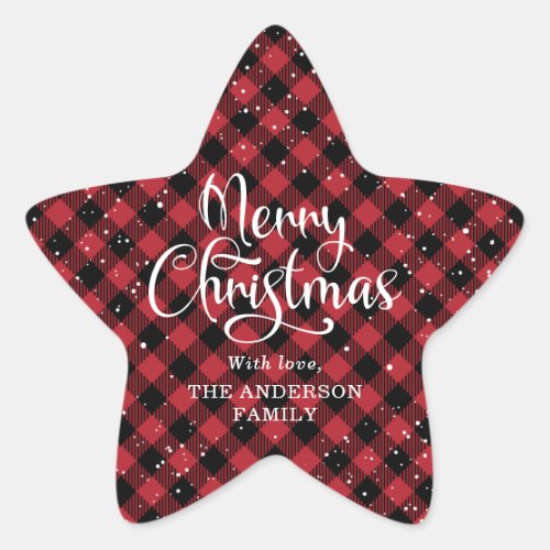 Merry Christmas Red Plaid Calligraphy Snow Star Sticker