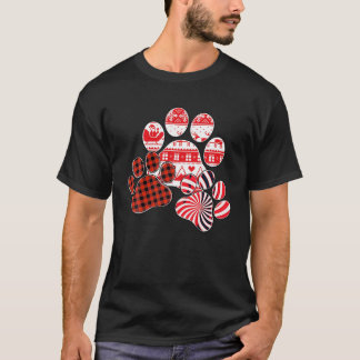 Merry Christmas Red Plaid Candy Cane Dog Paw Print T-Shirt