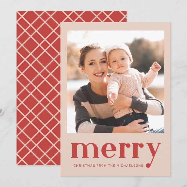 Merry Christmas Red Plaid Check Photo Holiday Card (Front/Back)