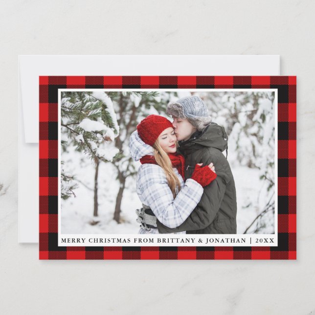 Merry Christmas Red Plaid Couple Photo Card (Front)
