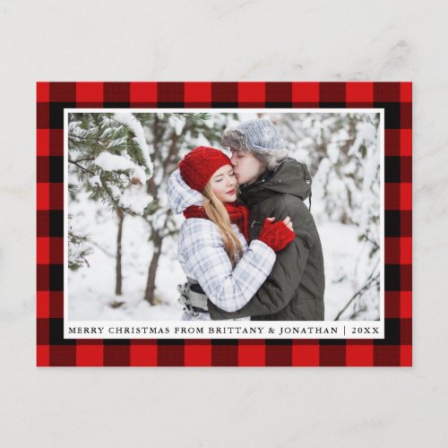 Merry Christmas Red Plaid Couple Photo Postcard