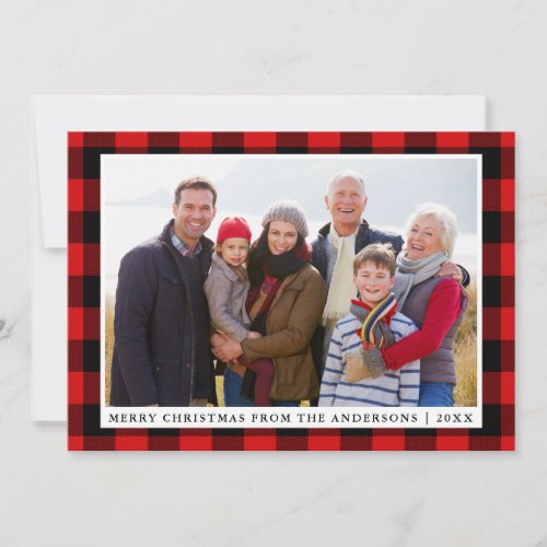 Merry Christmas Red Plaid Family Photo Card