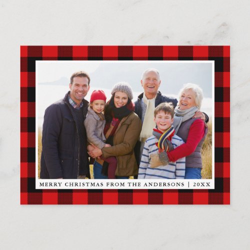 Merry Christmas Red Plaid Family Photo Postcard