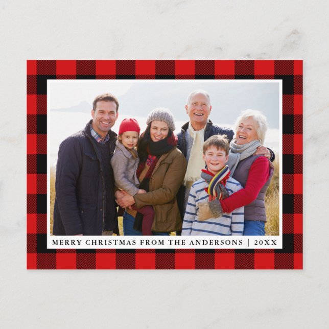 Merry Christmas Red Plaid Family Photo Postcard (Front)