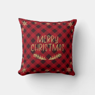 Merry Christmas Red Plaid Gold Glittery Snowflakes Throw Pillow