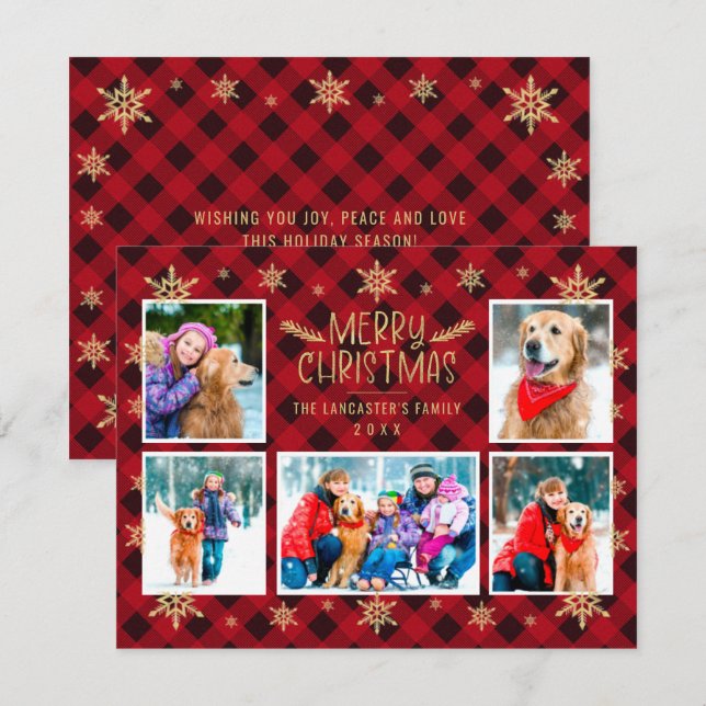 Merry Christmas Red Plaid Gold Snowflakes 5 Photo Holiday Card (Front/Back)