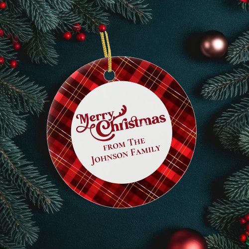 Merry Christmas Red Plaid Personalized Keepsake Ceramic Ornament