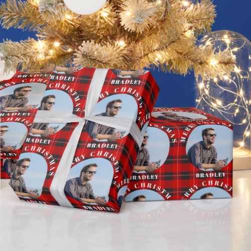 Merry Christmas Red Plaid Personalized Photo Name Wrapping Paper