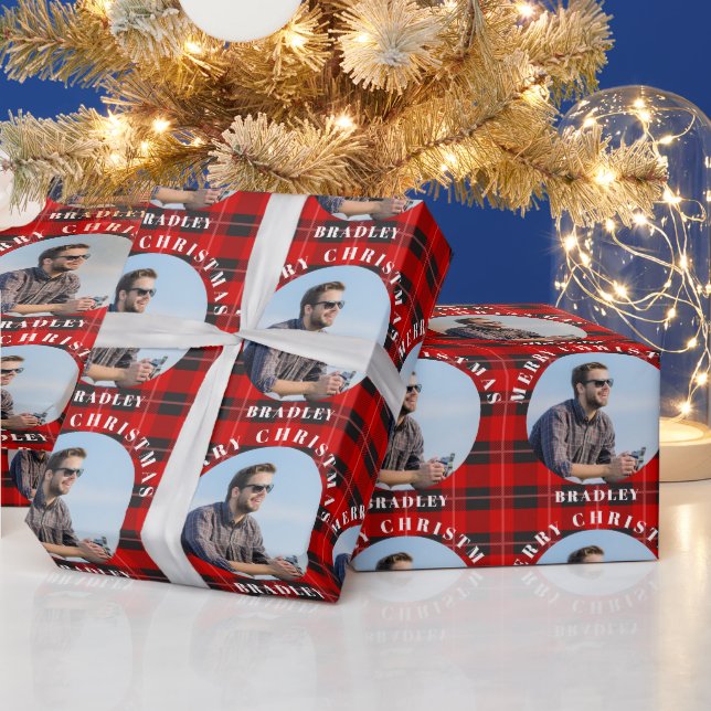 Merry Christmas Red Plaid Personalized Photo Name Wrapping Paper (Holidays)