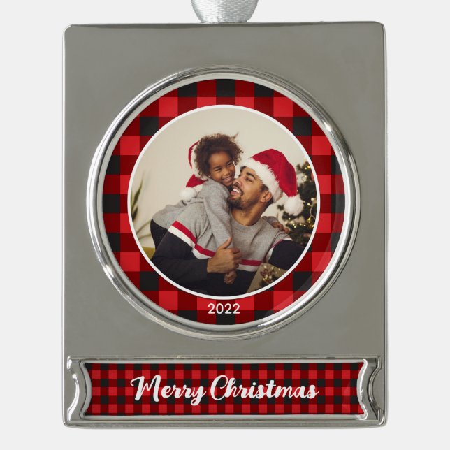 Merry Christmas Red Plaid Photo Christmas Silver Plated Banner Ornament (Front)