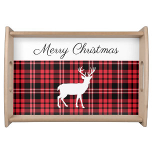 Merry Christmas Red Plaid Stag Serving Tray