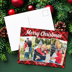 Merry Christmas Red Plaid Tartan 3 Photo Holiday Postcard