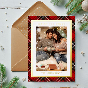 Merry Christmas Red Plaid Tartan Photo Foil Holiday Card