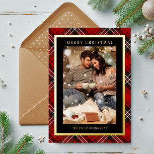 Merry Christmas Red Plaid Tartan Photo Foil Holiday Card