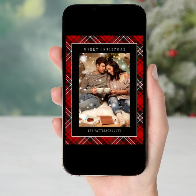 Merry Christmas Red Plaid Tartan Photo Holiday Card (Front Digital)