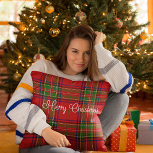 Merry Christmas Red Plaid Throw Pillow