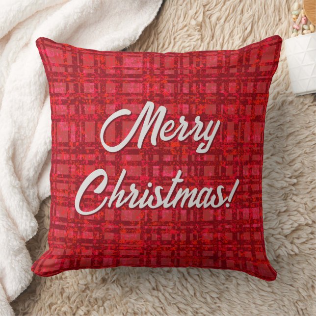 Merry Christmas Red Plaid Throw Pillow (Blanket)