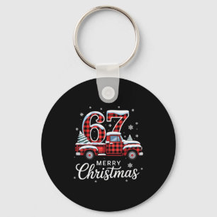 Merry Christmas Red Plaid Truck Buffalo Family 67 Keychain
