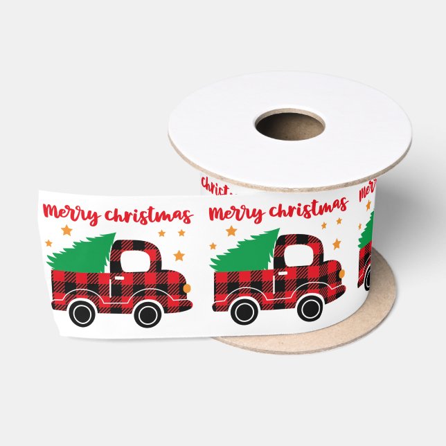 Merry Christmas Red Plaid Truck Modern Holidays Satin Ribbon (Spool)