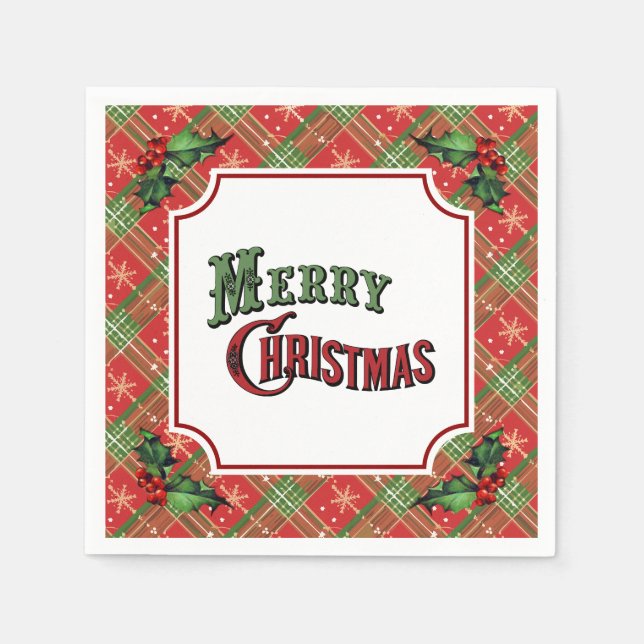 Merry Christmas Red Plaid with Holly Napkins (Front)