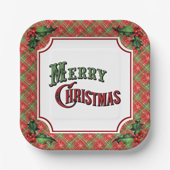 Merry Christmas Red Plaid with Holly Paper Plates (Front)