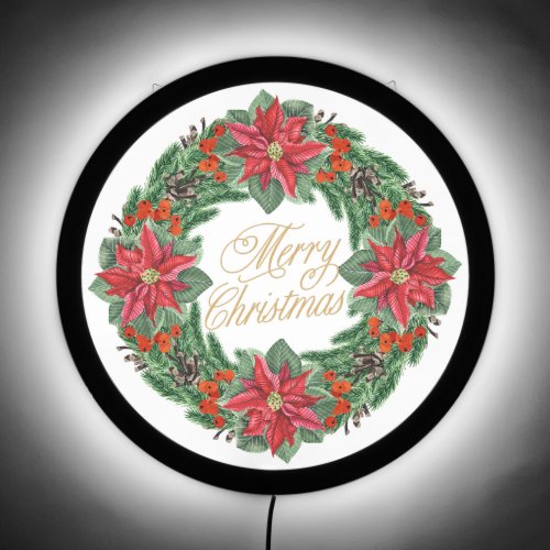 Merry Christmas Red Poinsettia and Berries Wreath  LED Sign