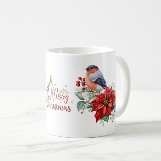 Merry Christmas Red Poinsettia Bird Holly Berry