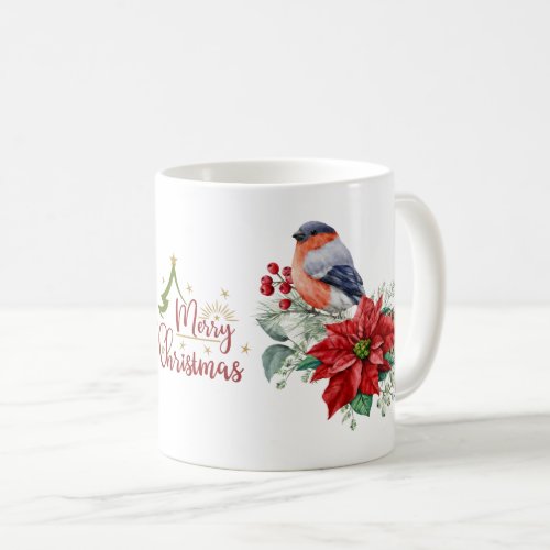 Merry Christmas Red Poinsettia Bird Holly Berry Coffee Mug