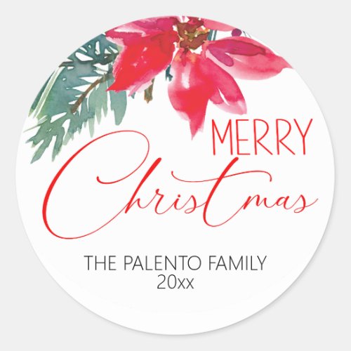 Merry Christmas Red Poinsettia   Classic Round Sticker