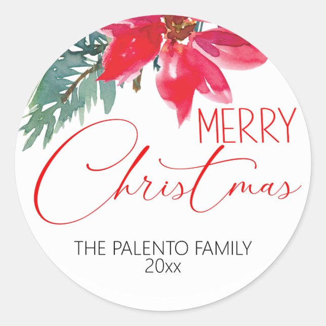 Merry Christmas Red Poinsettia   Classic Round Sticker (Front)