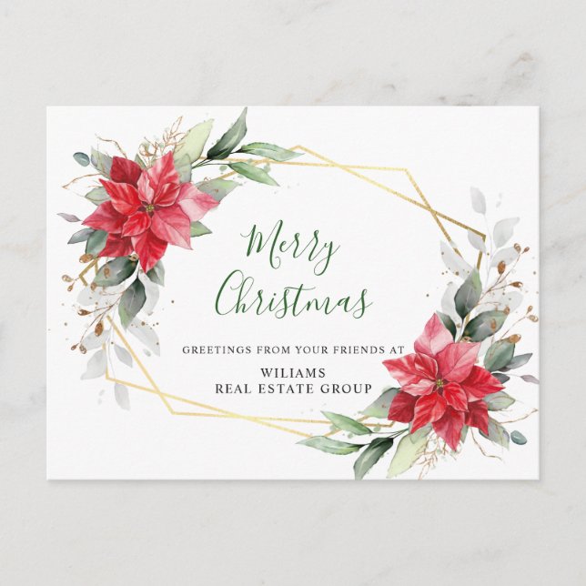Merry Christmas Red Poinsettia Corporate Greeting Postcard (Front)