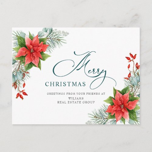 Merry Christmas Red Poinsettia Corporate Greeting Postcard