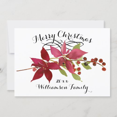 Merry Christmas Red Poinsettia Floral Family Name Holiday Card